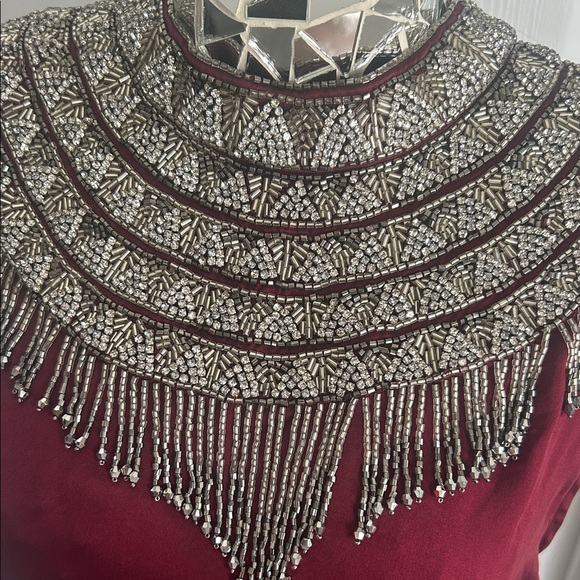 HAUTE HIPPIE Burgundy Silk Crystal Embellished High Neck Dress 0 - Picture 6 of 15